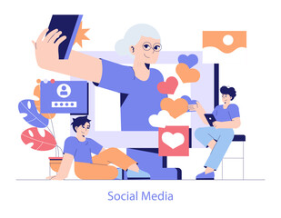 Tech Help Across Generations. Flat Vector Illustration