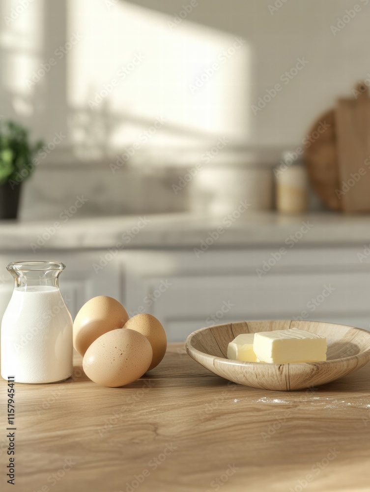 Poster ingredients on a wooden kitchen counter ready for baking with space for your own recipe or text over
