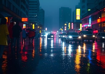 Vibrant Urban Rainy Night with Neon Reflections

