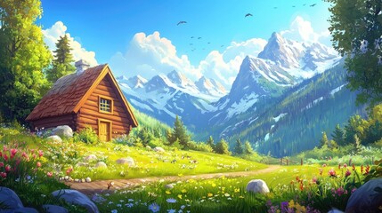 Fototapeta premium A Wooden Cabin Nestled Among Lush Green Fields and Majestic Snow-Capped Mountains Under a Bright Blue Sky