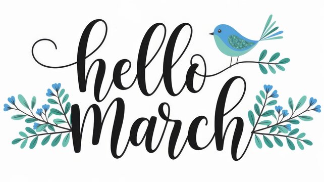 Hello March Spring Lettering with Spring leaves and bird Illustration on white background 