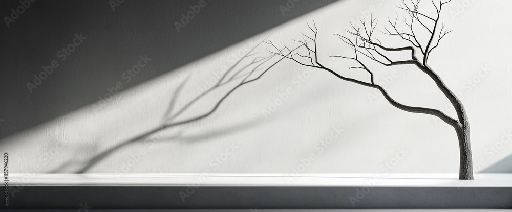 Poster minimalist grayscale image of a barren tree branch casting a shadow on a white wall.