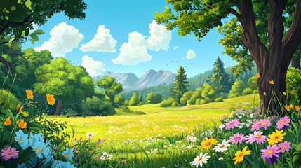 Fototapeta premium A Sunlit Meadow with Flowers and Mountains in the Distance