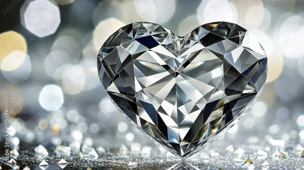 Poster heart-shaped diamond shines brightly on reflective surface with sparkling effects in the background