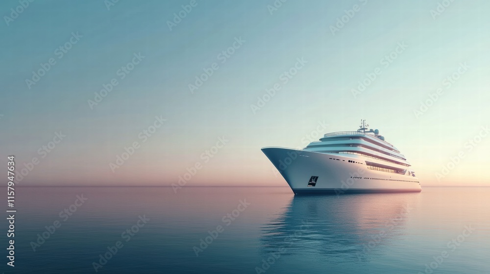 Poster luxury cruise ship gliding across the calm sea at sunset with ample space for text placement. genera