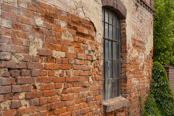 Weathered red brick wall of an old building with a rustic window frame and patches of peeling plaster, surrounded by creeping green vines and foliage, evoking a vintage and industrial aesthetic