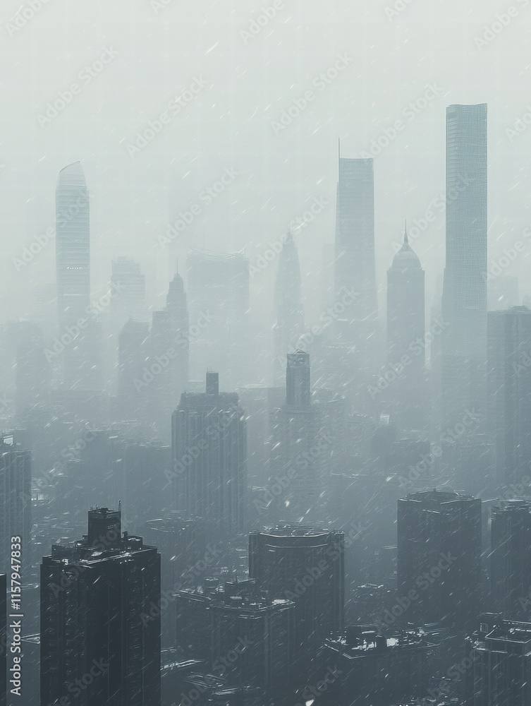 Poster Dense smog blankets city skyline, obscuring buildings and creating atmospheric conditions. Generative AI