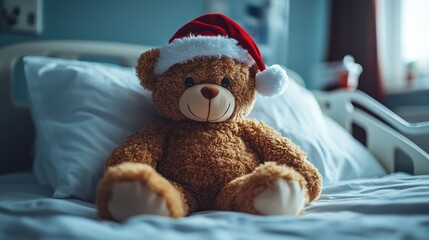 Christmas teddy bear on hospital bed holiday decor bedroom cozy atmosphere heartwarming concept