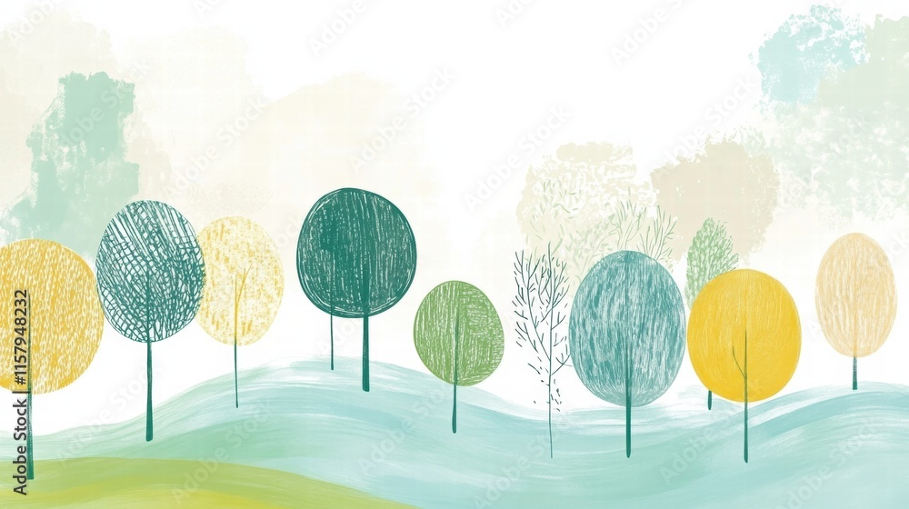 Poster colorful naive art style landscape with trees and copy space for text promotion. generative ai