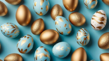  Gold and blue Easter eggs on blue background