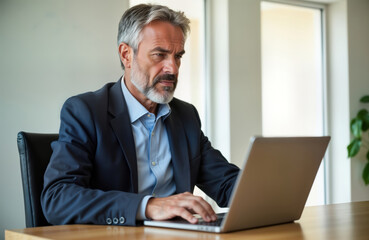 Mature man in suit working on laptop in home office. Sits at table, focused on computer. Appears to confident executive working remotely. Comfortable, pro atmosphere pervades room. Man seems