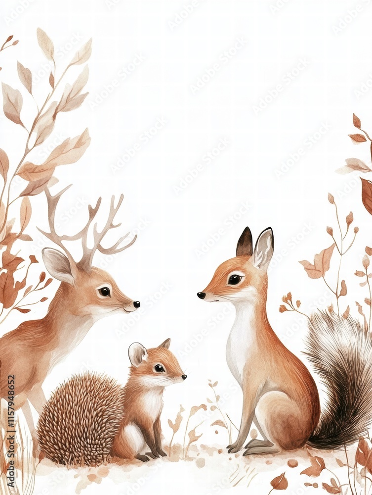Poster charming forest creatures gather in a tranquil woodland setting during a sunny afternoon. generative