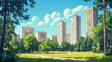 Obraz premium A Tranquil City Park with Tall Buildings and Lush Greenery on a Sunny Day