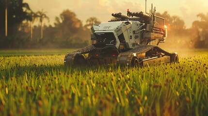 Fototapeta premium The image shows a futuristic agricultural robot with solar panels on its back, working in a lush green rice field, surrounded by trees and mountains under a bright blue sky.