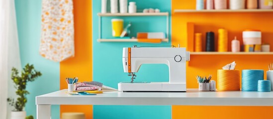 Modern sewing machine in a bright and colorful craft room, neat shelves with materials, 