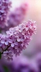 Fototapeta premium Close-up view of delicate purple lilac blossoms in spring. Soft focus on flowers. Blurred background of lilac blossoms. Beautiful natural springtime scene. Lilacs gentle color. Vibrant, fresh spring