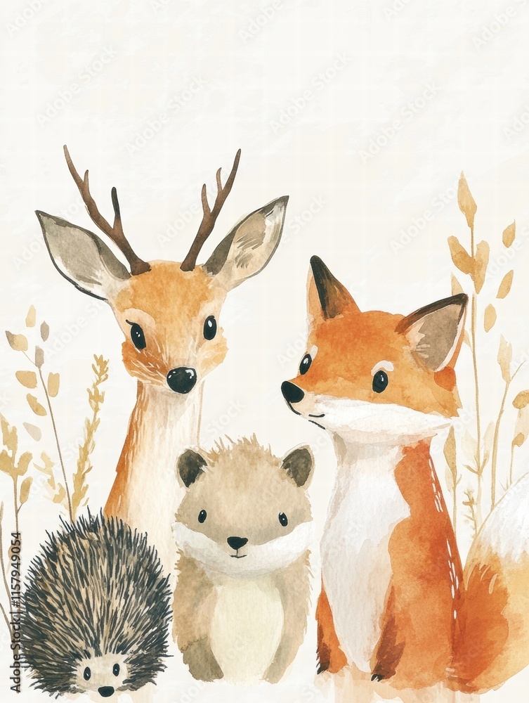Aufkleber charming forest animals gathered in a serene setting with autumn foliage. generative ai
