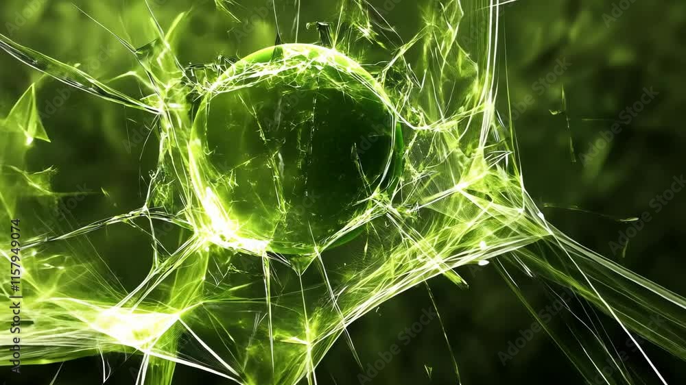 Poster green sphere surrounded by luminous web of energy vibrating in an abstract digital universe