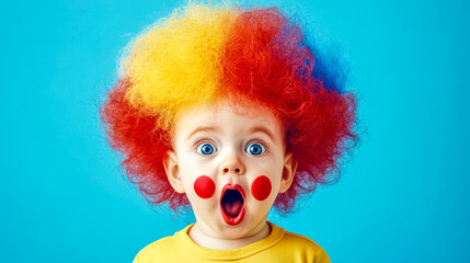 Baby wearing colorful clown wig and makeup making a funny face