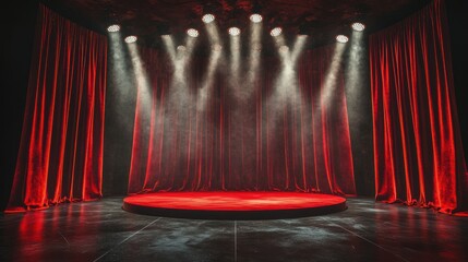 Theatrical performance stage with red curtains and spotlighting indoor theater visual content dramatic setting