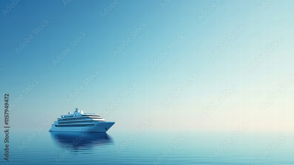 Poster luxury cruise ship sailing on tranquil waters under clear skies with ample space for text and brandi
