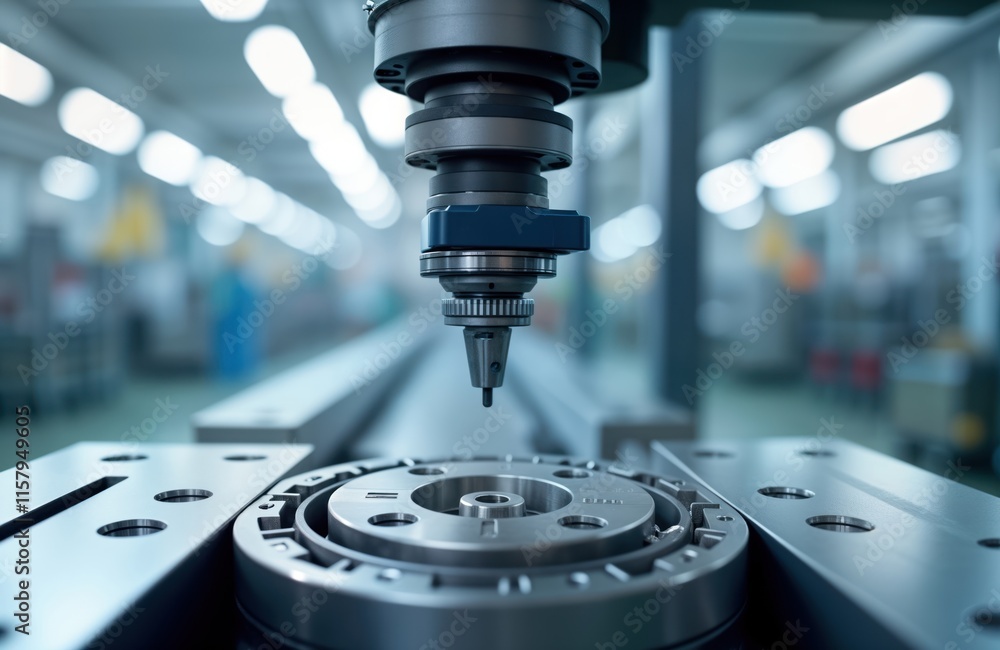 Poster automatic machine tool precisely processes metal part in industrial factory. modern automated manufa