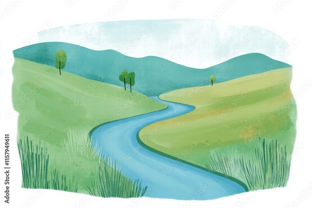 Poster lush green landscape with a winding river surrounded by hills and trees inviting exploration and tra