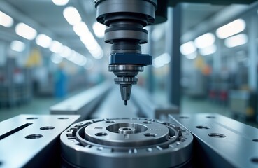 Automatic machine tool precisely processes metal part in industrial factory. Modern automated manufacturing system works. Smart factory concept. Advanced technology in production. High precision