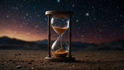 Cosmic hourglass with stardust. Cosmic time and time passing by idea. Minimal abstract life or business concept. With copy space.	