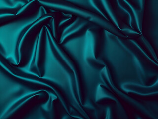 Fototapeta premium Elegant teal satin fabric with flowing drapes and shimmering texture. Perfect for backgrounds, fashion, and luxurious design concepts. Generative AI