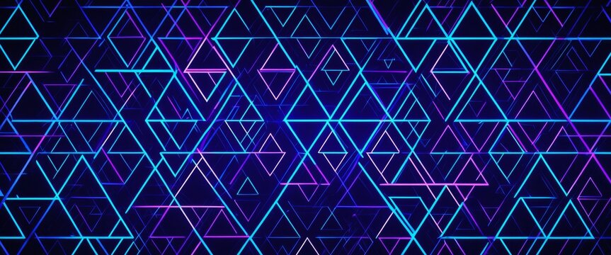 Vibrant neon geometric pattern with triangular shapes in glowing blue and purple