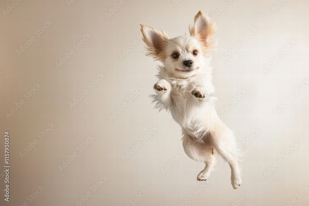 Poster joyful puppy soaring through the air with excitement, offering a perfect space for text or creative 