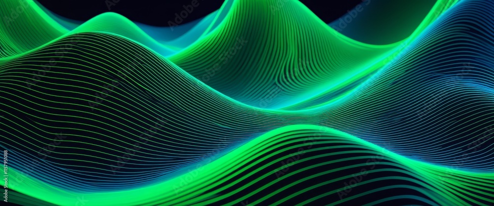 Poster abstract glowing green and blue wave patterns with dynamic lines