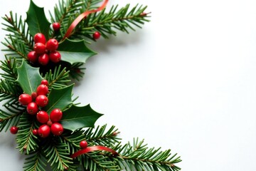 Evergreen branch with holly flowers and ribbons, festive, wreath, holiday