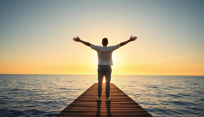 Fototapeta premium Man on Wooden Pier Welcoming Sunrise Ocean View Peaceful Serenity