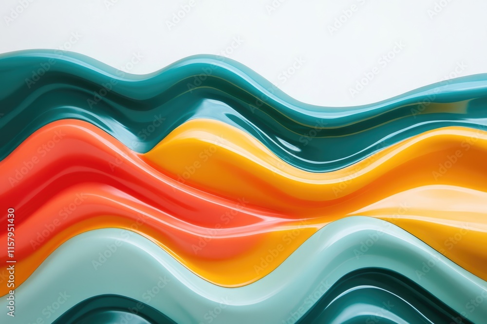 Poster abstract wavy pattern with teal, orange, and yellow glossy colors creating a vibrant and dynamic des