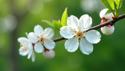 Delicate white petals of Nanking cherry flowers on bare branches, garden, green leaves
