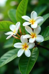 Fototapeta premium Delicate white frangipani flowers blooming on a tree branch, frangipani, tropical, flower