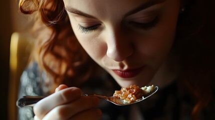 Woman eating a small portion with focus and calm taking time to appreciate every taste