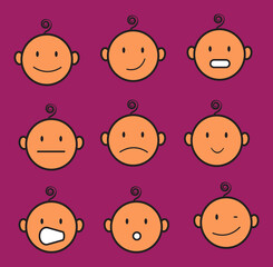 Baby faces showing different emotions: happiness, sadness, surprise, and more