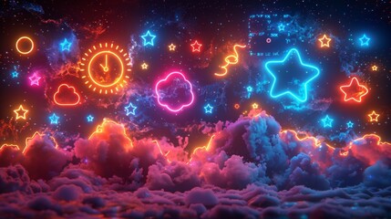 Craft a neon display of temperature symbols, featuring shining thermometers