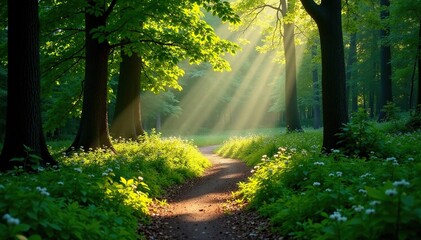 Obraz premium A winding forest trail bathed in soft sunlight, greenery, forest trail
