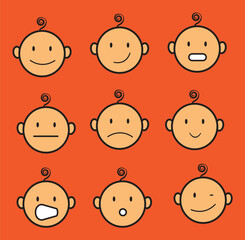 Baby faces showing different emotions: happiness, sadness, surprise, and more