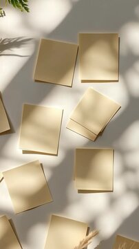Simple notes scattered on a surface illuminated by soft natural light and shadows in a calm setting