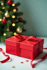 Obraz premium A red rectangular box is placed on a white table with Christmas decorations scattered around, holiday decor, garlands