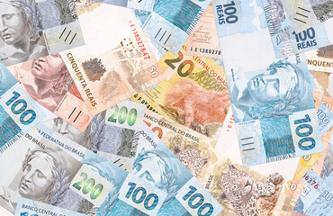 Brazilian reais, different money notes, 100, 50, 20 and 10 reais