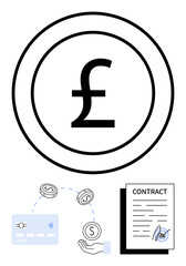 Pound sign inside a circle. Payment card, hand receiving money, contract with signature trade elements and money transfer. Ideal for finance, banking, transactions, contracts, business deals