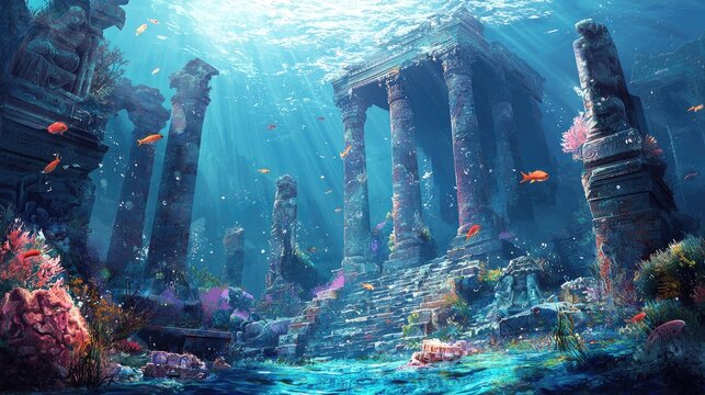 Sunbeams Illuminate Underwater Ruins with Fish and Coral