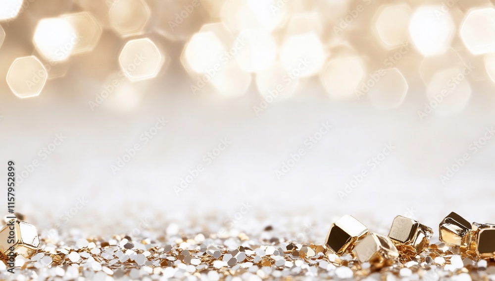 Poster a shimmering background with gold cubes and glittering particles.