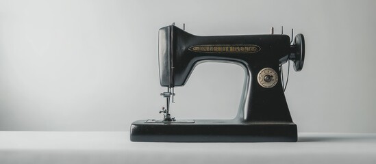 Matte black sewing machine in a minimalistic modern setting, clean and elegant, 